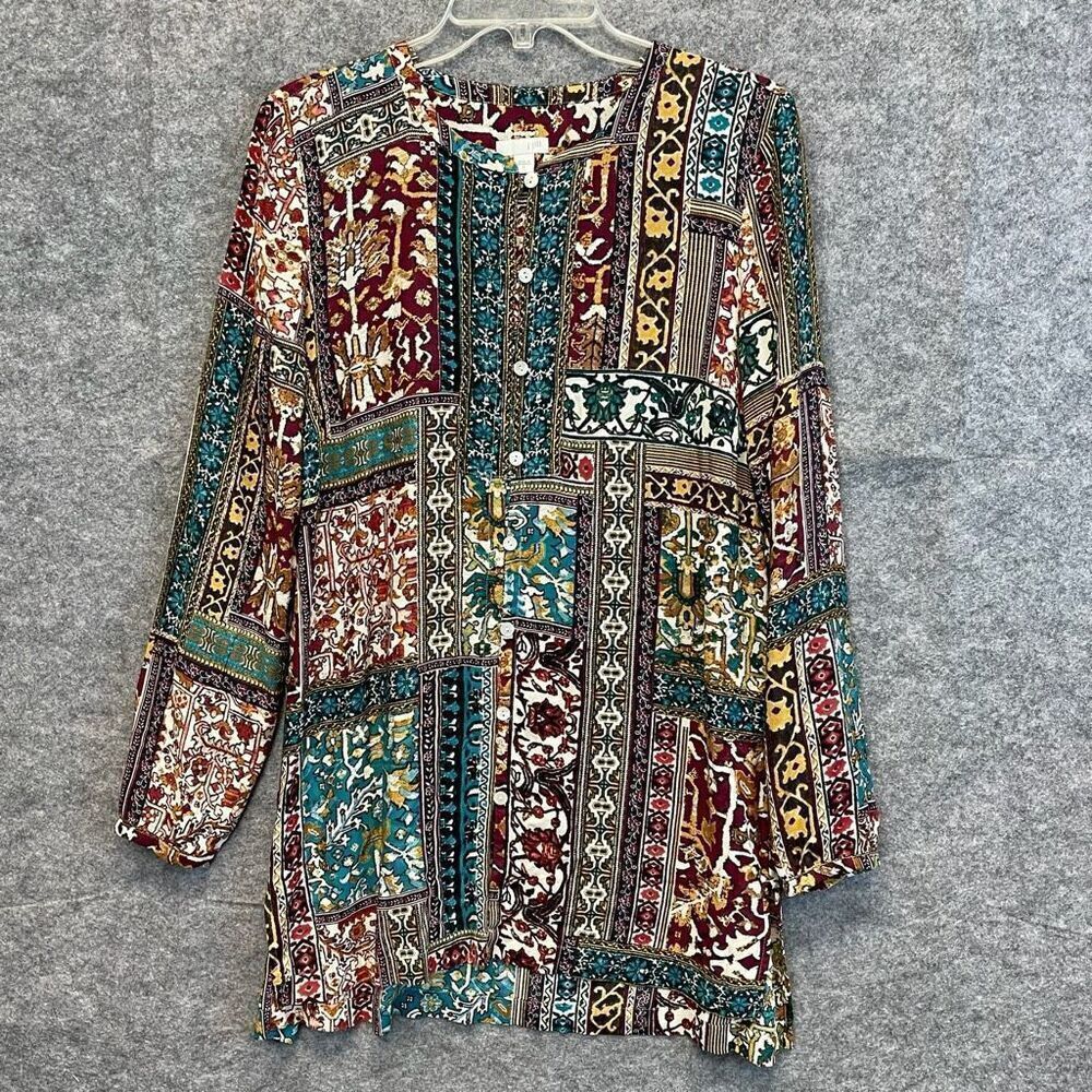 J. JILL Boho Tunic Small Multicolor Patchwork Boho Eclectic Button Front Top EUC - Picture 3 of 16